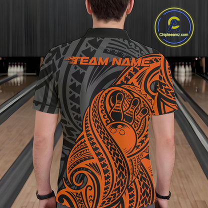 Custom Black And Orange Maori Style Koru Spiral Tribal Men Bowling Polo Team Shirt IPHW10954