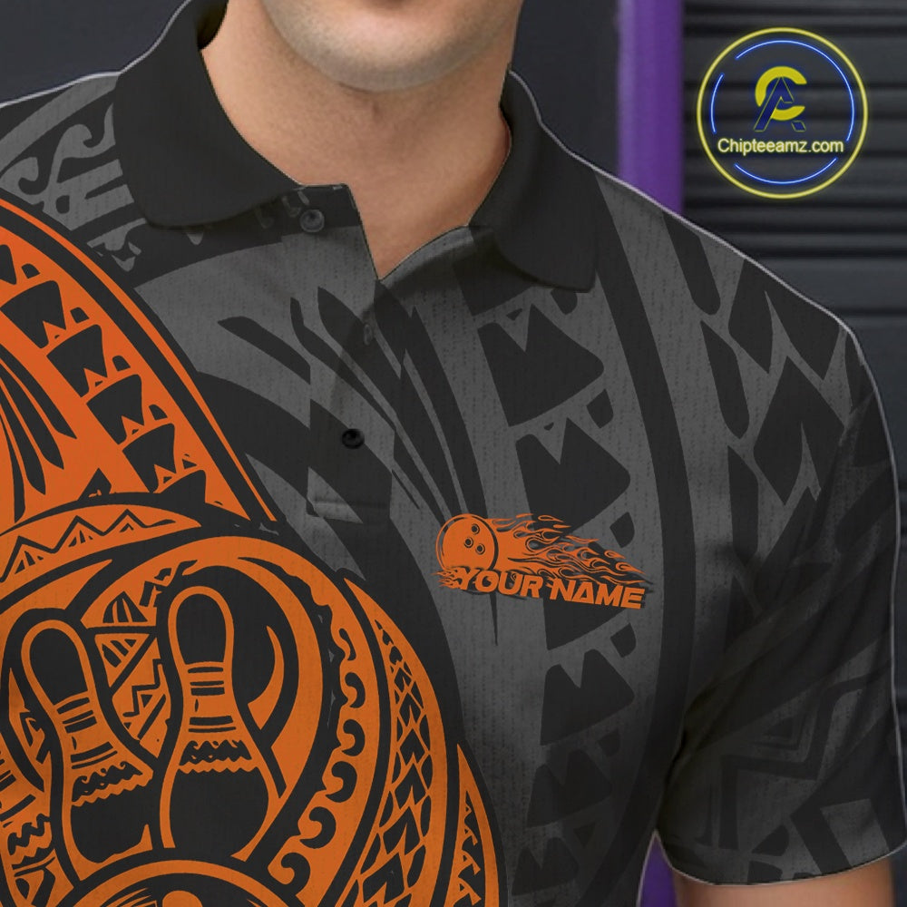 Custom Black And Orange Maori Style Koru Spiral Tribal Men Bowling Polo Team Shirt IPHW10954