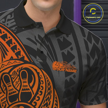 Custom Black And Orange Maori Style Koru Spiral Tribal Men Bowling Polo Team Shirt IPHW10954