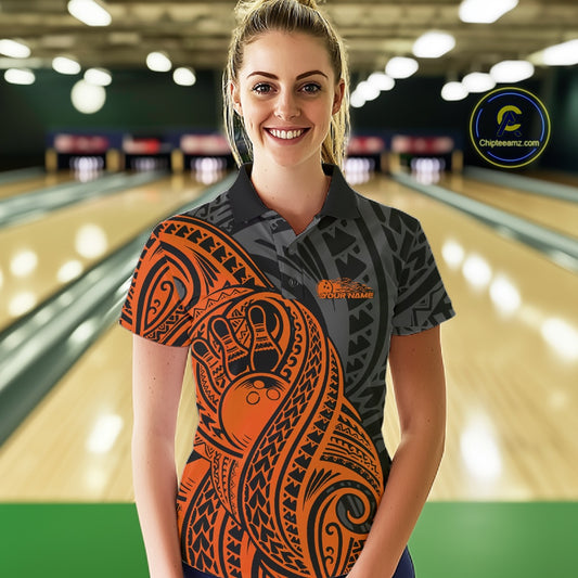 Custom Black And Orange Maori Style Koru Spiral Tribal Women Bowling Polo Team Shirt IPHW10954