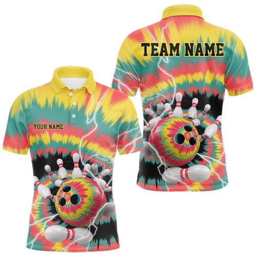Custom Colorful Tie Dye Bowling Polo Shirts For Men, Rainbow Bowling Outfit IPHW9115