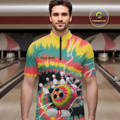 Custom Colorful Tie Dye Bowling Quarter-Zip Shirts For Men, Rainbow Bowling Outfit IPHW9115