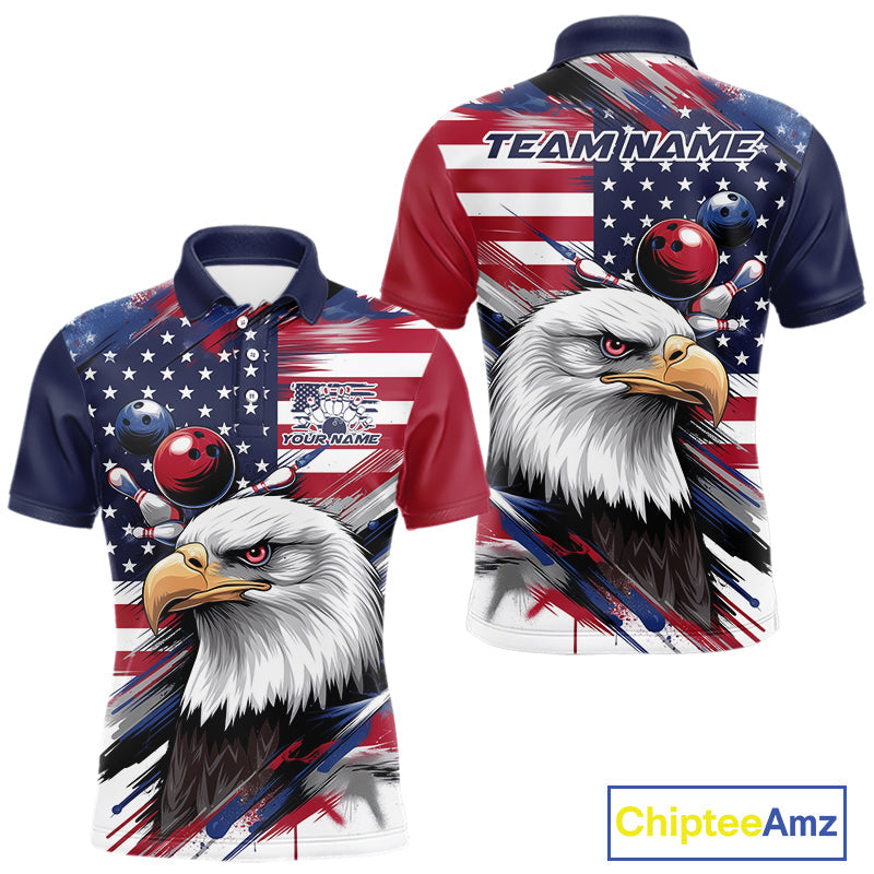Custom Patriotic Eagle Bowling Shirts For Men, US Flag Bowling League Team Shirt IPHW9476