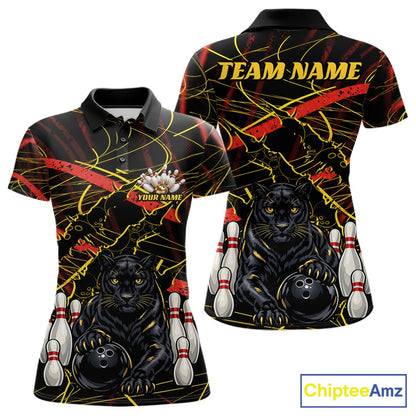 Custom bowling-themed polo shirt shown from both front and back views. The design features a black background with yellow and red paint splatters, a black panther graphic holding a bowling ball, bowling pins, and customizable text placeholders 'TEAM NAME' and 'YOUR NAME'.