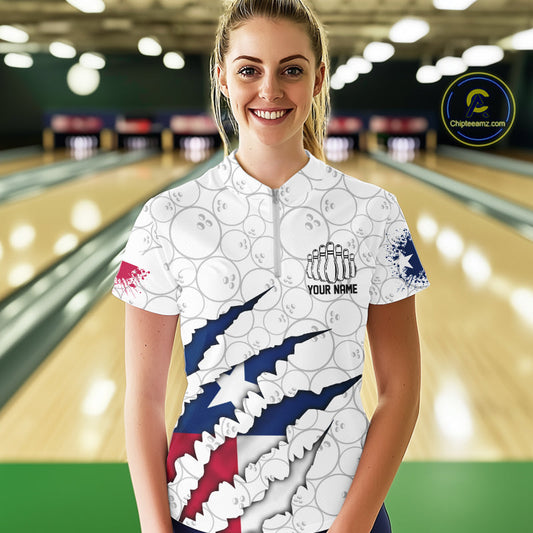 Custom Texas Flag Bowling Team Quarter-Zip Shirts For Women, Texas Bowling League Shirt IPHW9834