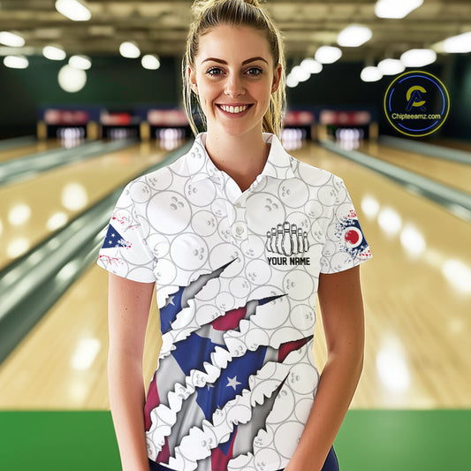 Custom Ohio Flag Bowling Team Polo Shirts For Women, Ohio Bowling League Shirt IPHW9835