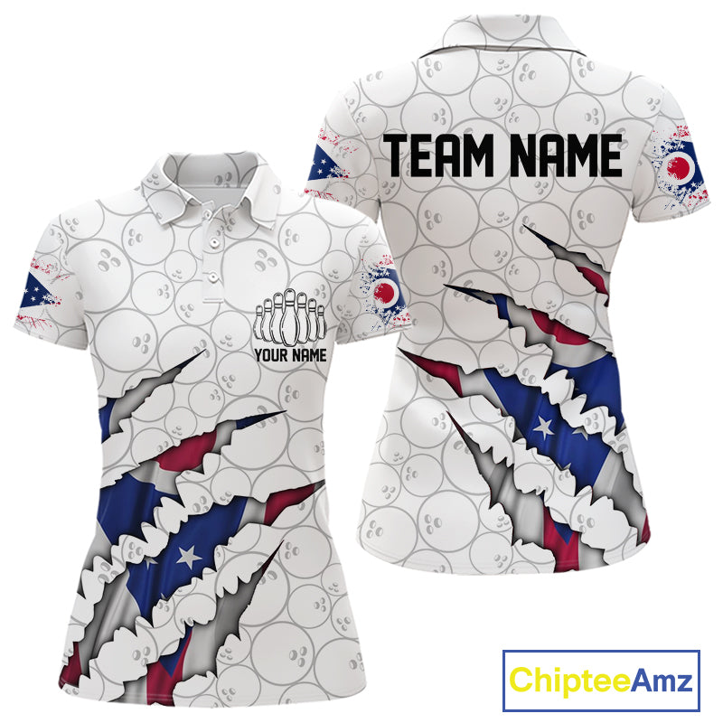 Custom Ohio Flag Bowling Team Polo Shirts For Women, Ohio Bowling League Shirt IPHW9835