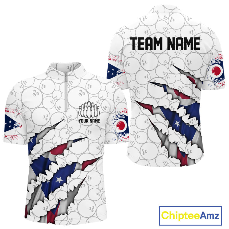 Custom Ohio Flag Bowling Team Quarter-Zip Shirts For Men, Ohio Bowling League Shirt IPHW9835