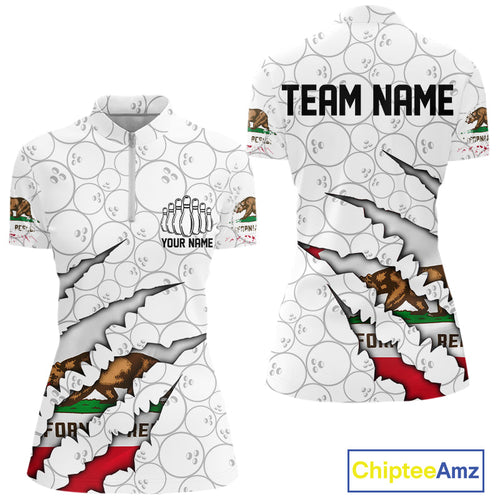 Custom California Flag Bowling Team Women Quarter-Zip Shirt, CA Bowling League Shirt IPHW9836