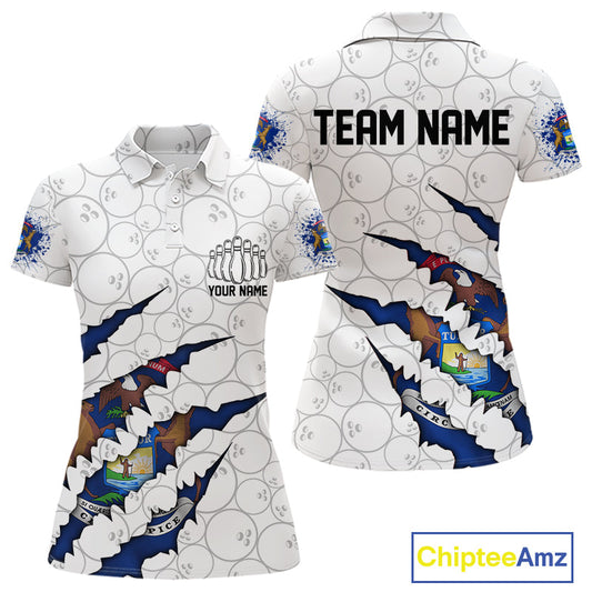 Custom Michigan Flag Bowling Team Polo Shirts For Women, Michigan Bowling League Shirt IPHW9837
