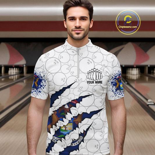 Custom Michigan Flag Bowling Team Quarter-Zip Shirts For Men, Michigan Bowling League Shirt IPHW9837