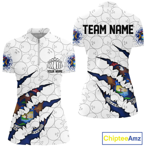 Custom Michigan Flag Bowling Team Women Quarter-Zip Shirt, Michigan Bowling League Shirt IPHW9837