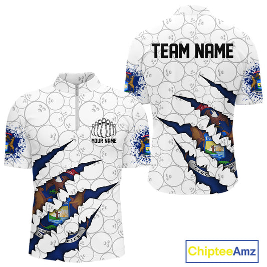 Custom Michigan Flag Bowling Team Quarter-Zip Shirts For Men, Michigan Bowling League Shirt IPHW9837