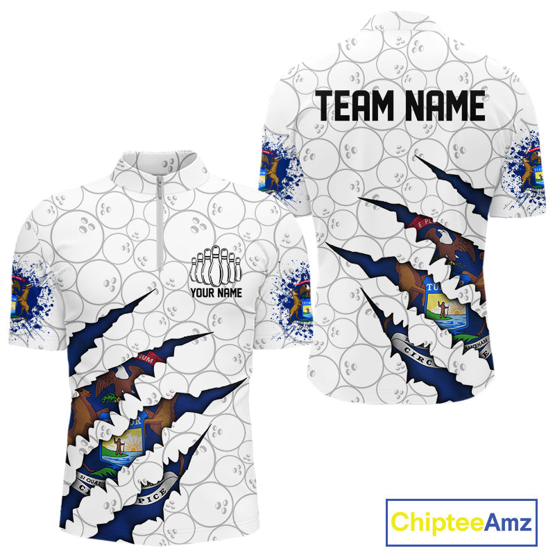 Custom Michigan Flag Bowling Team Quarter-Zip Shirts For Men, Michigan Bowling League Shirt IPHW9837