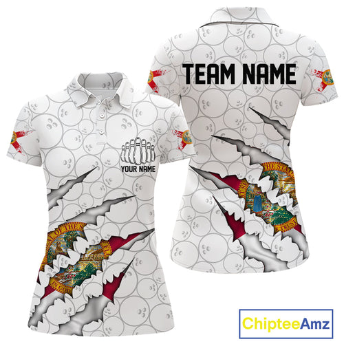 Custom Florida Flag Bowling Team Polo Shirts For Women, Florida Bowling League Shirt IPHW9838