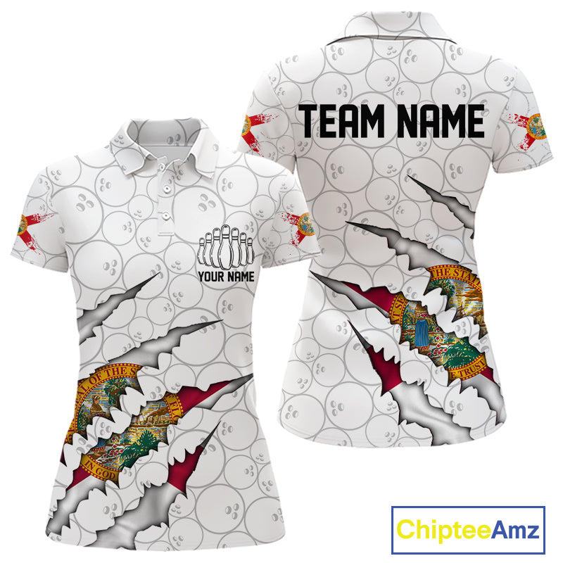 Custom Florida Flag Bowling Team Polo Shirts For Women, Florida Bowling League Shirt IPHW9838