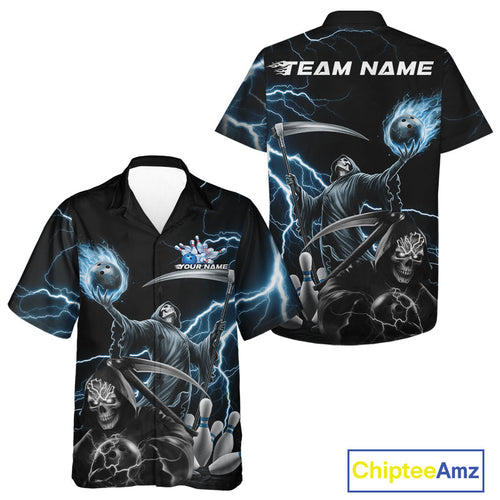 Custom Blue Lightning Grim Reaper Skull Bowling Men And Women Hawaiian Shirt, Halloween Outfit IPHW9848