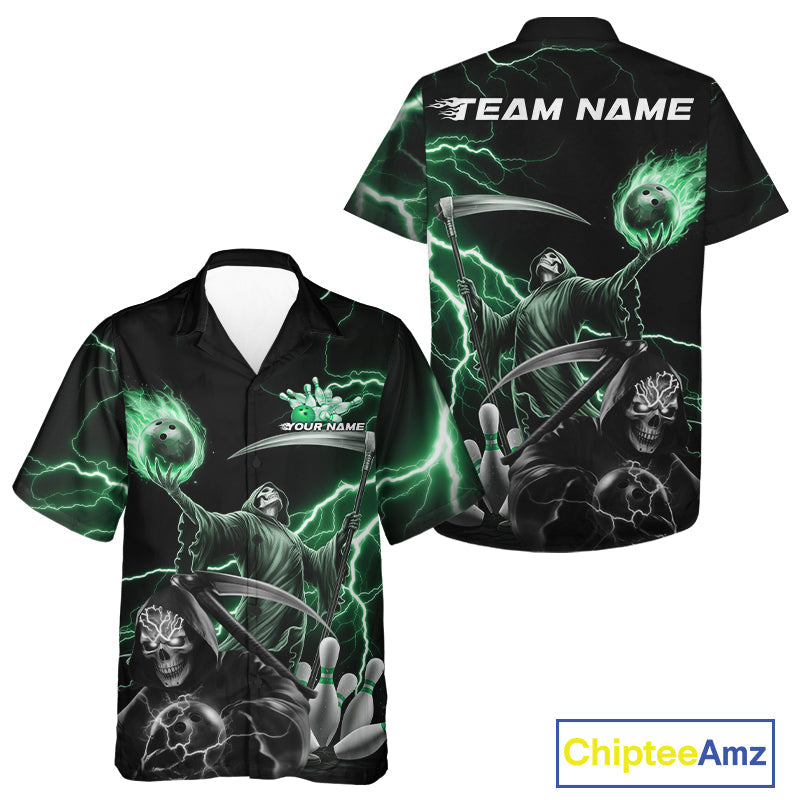 Custom Green Lightning Grim Reaper Skull Bowling Men And Women Hawaiian Shirt, Halloween Outfit IPHW9850