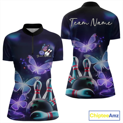 Custom Butterfly Bowling Quarter-Zip Shirts For Women, Bowling Team Shirt With Butterflies IPHW8147