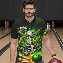 Load image into Gallery viewer, Custom Green Flame Skull Saint Patrick Day Bowling Polo Shirts For Men, Shamrock Bowling IPHW8378
