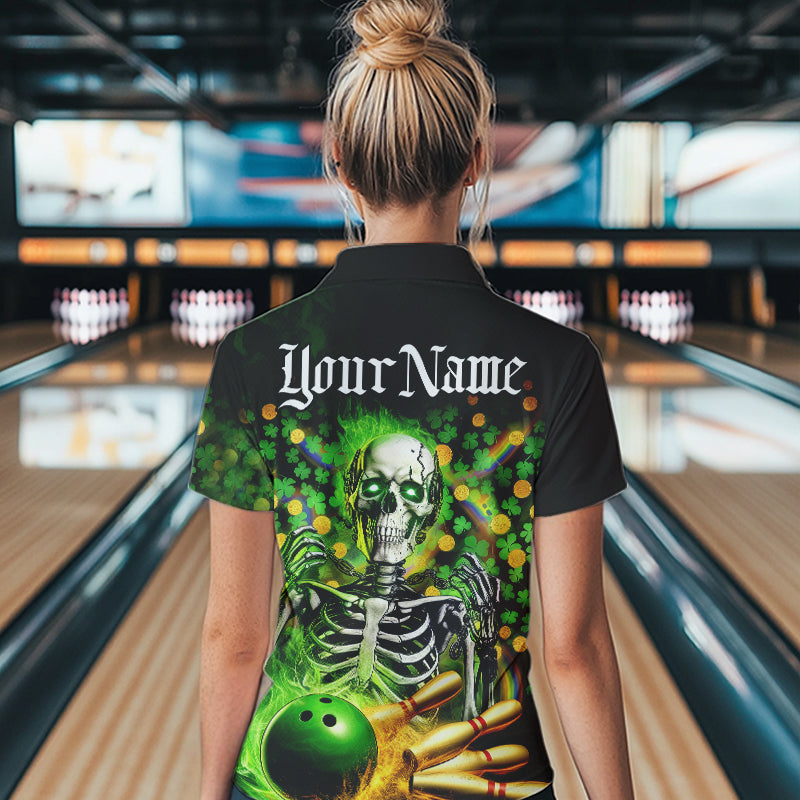 Custom Green Flame Skull Saint Patrick Day Bowling Polo Shirts For Women, Shamrock Bowling IPHW8378