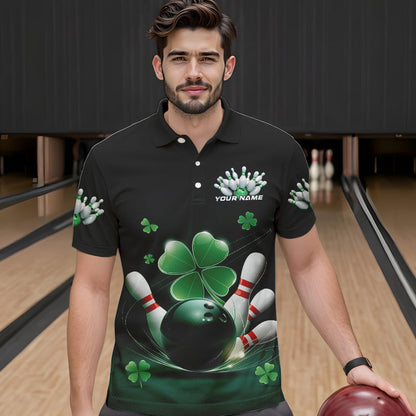 Custom Green Shamprock Saint Patricks Bowling Polo Shirts For Men, Lucky Bowling Team Shirt IPHW8571