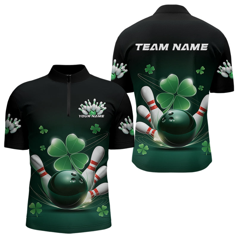 Custom Green Shamprock Saint Patricks Bowling Quarter-Zip Shirts For Men, Lucky Bowling Team Shirt IPHW8571