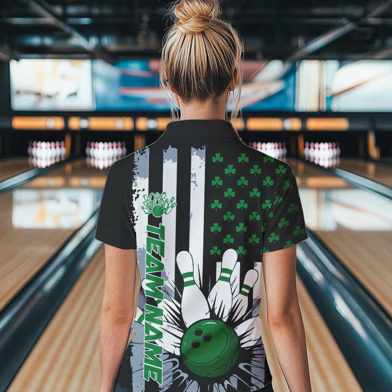 Custom Saint Patricks Bowling Polo Shirts For Women, Shamrock Flag US Bowling Team Shirt IPHW8575
