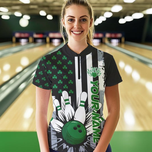 Custom Saint Patricks Bowling Womens Quarter-Zip Shirt, Shamrock Flag US Bowling Team Shirt IPHW8575