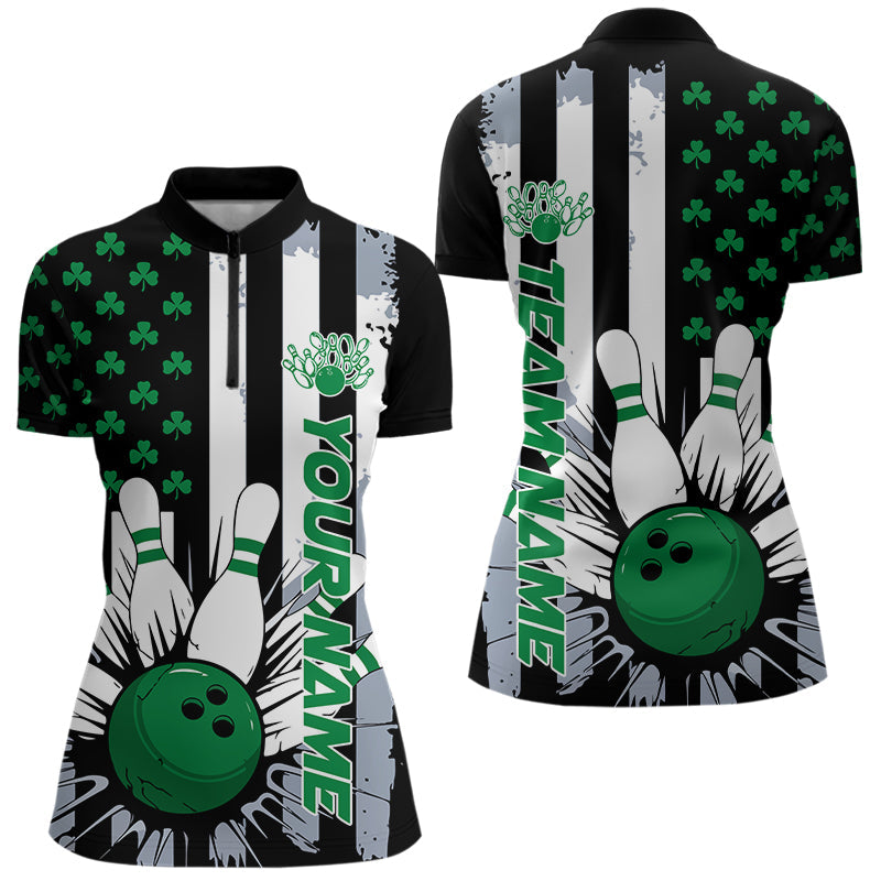Custom Saint Patricks Bowling Womens Quarter-Zip Shirt, Shamrock Flag US Bowling Team Shirt IPHW8575