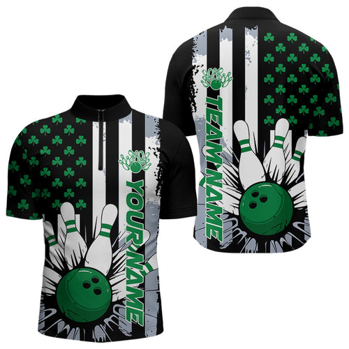 Custom Saint Patricks Bowling Quarter-Zip Shirts For Men, Shamrock Flag US Bowling Team Shirt IPHW8575