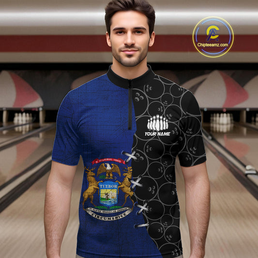 Michigan Flag Custom Bowling Team Shirts For Men, Patriotic Bowling League Shirt IPHW10717
