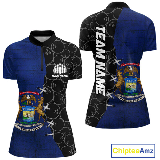 Michigan Flag Custom Bowling Team Shirts For Women, Patriotic Bowling League Shirt IPHW10717