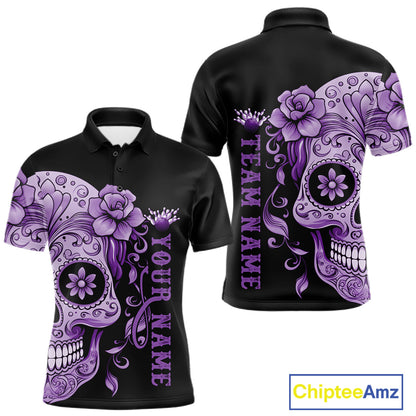 Purple Sugar Skull Tattoo Custom Men Bowling Polo Shirt, Halloween Team Bowling Jerseys IPHW10722