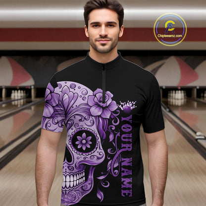 Purple Sugar Skull Tattoo Custom Men Bowling Quarter-Zip Shirt, Halloween Team Bowling Jerseys IPHW10722