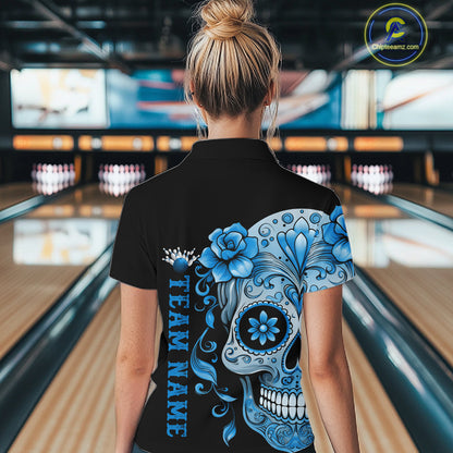 Blue Sugar Skull Tattoo Custom Women Bowling Shirt, Halloween Team Bowling Jerseys IPHW10723