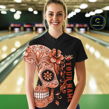 Orange Sugar Skull Tattoo Custom Women Bowling Shirt, Halloween Team Bowling Jerseys IPHW10724