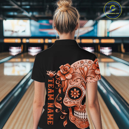 Orange Sugar Skull Tattoo Custom Women Bowling Shirt, Halloween Team Bowling Jerseys IPHW10724