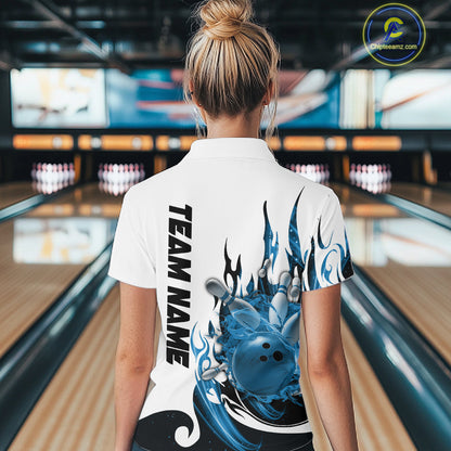 Custom Blue Flame Bowling Team Jerseys, Bowling League Quarter-Zip Shirt For Women IPHW10725