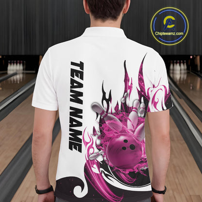 Custom Pink Flame Bowling Team Jerseys, Bowling League Polo Shirt For Men IPHW10726
