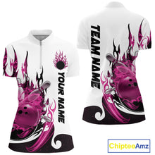 Load image into Gallery viewer, Custom Pink Flame Bowling Team Jerseys, Bowling League Quarter-Zip Shirt For Women IPHW10726