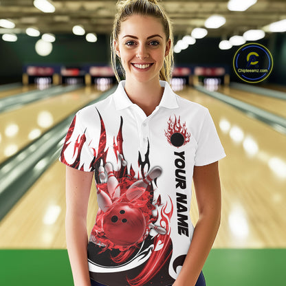 Custom Red Flame Bowling Team Jerseys, Bowling League Polo Shirt For Women IPHW10727