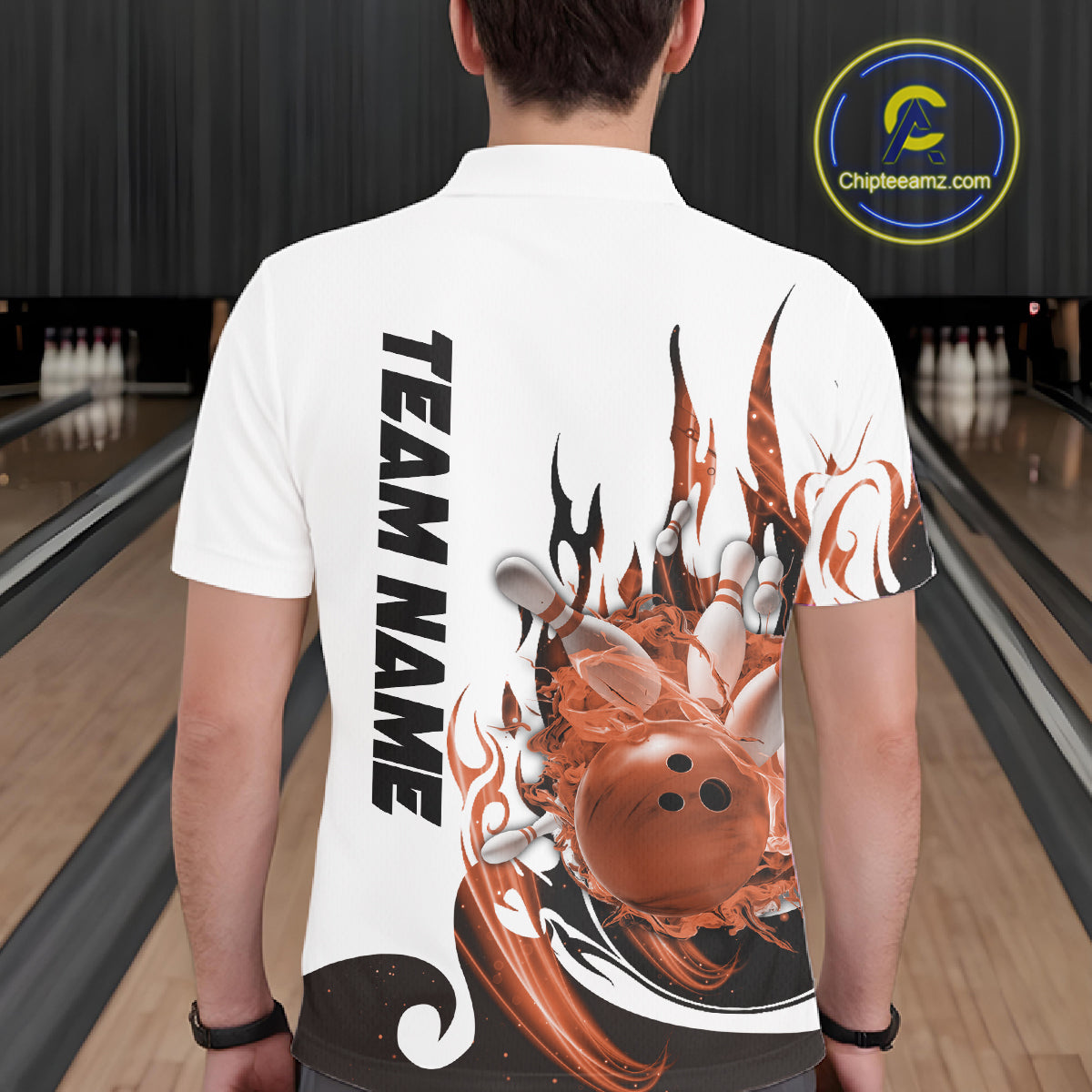 Custom Orange Flame Bowling Team Jerseys, Bowling League Polo Shirt For Men IPHW10729