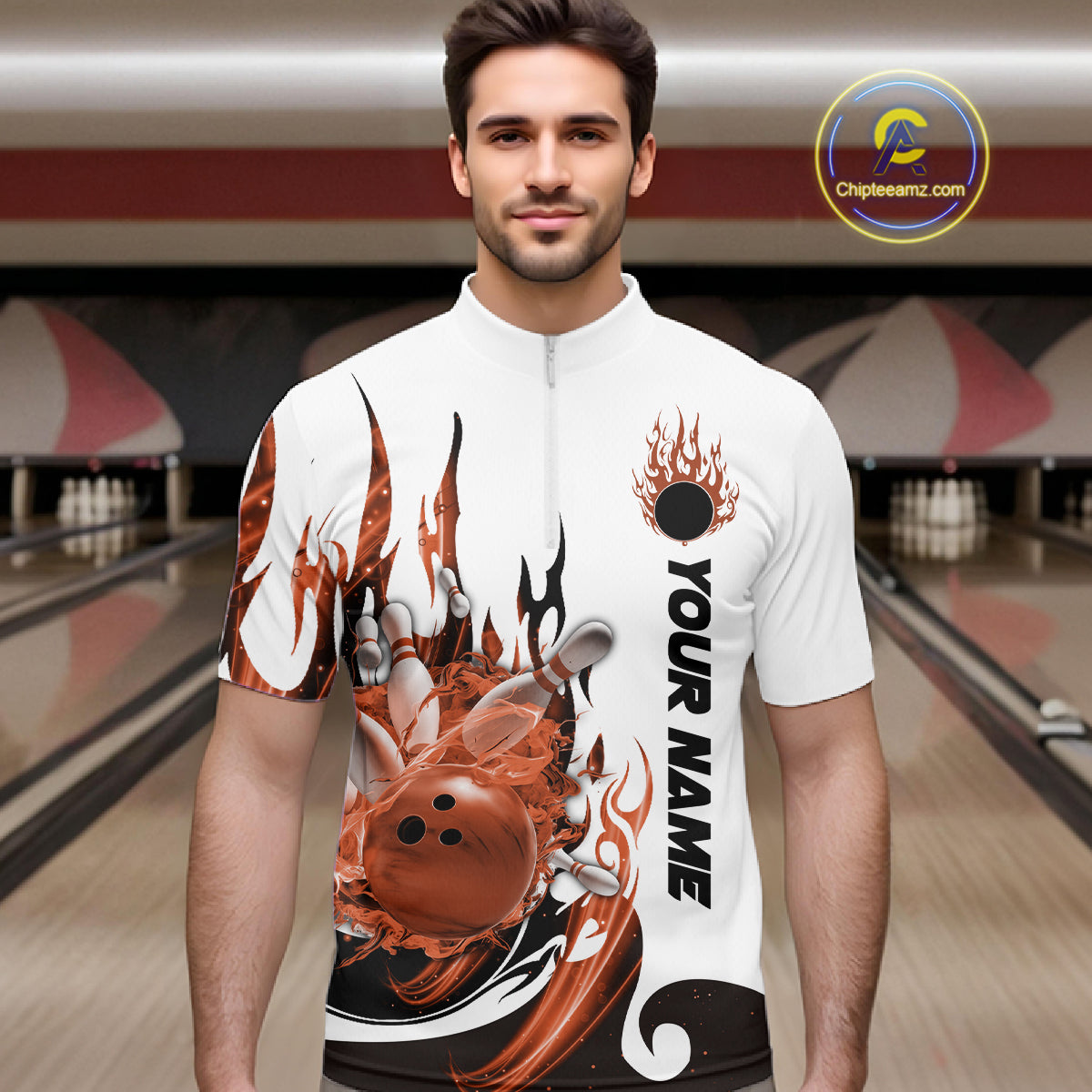 Custom Orange Flame Bowling Team Jerseys, Bowling League Quarter-Zip Shirt For Men IPHW10729