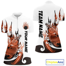 Load image into Gallery viewer, Custom Orange Flame Bowling Team Jerseys, Bowling League Quarter-Zip Shirt For Women IPHW10729