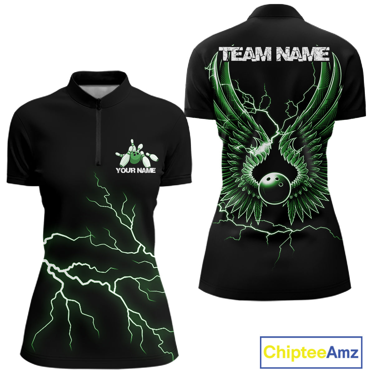Custom Green Lightning Bowling Ball With Wings Bowling Women Team Shirt, Bowling Jerseys IPHW10730