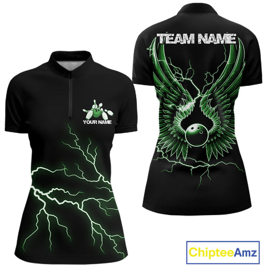 Custom Green Lightning Bowling Ball With Wings Bowling Women Team Shirt, Bowling Jerseys IPHW10730
