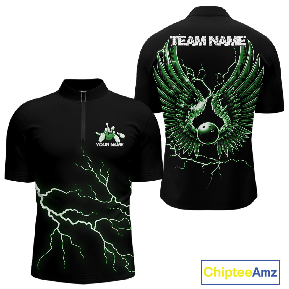 Custom Green Lightning Bowling Ball With Wings Bowling Men Team Shirt, Bowling Jerseys IPHW10730