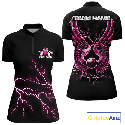 Custom Pink Lightning Bowling Ball With Wings Bowling Women Team Shirt, Bowling Jerseys IPHW10731