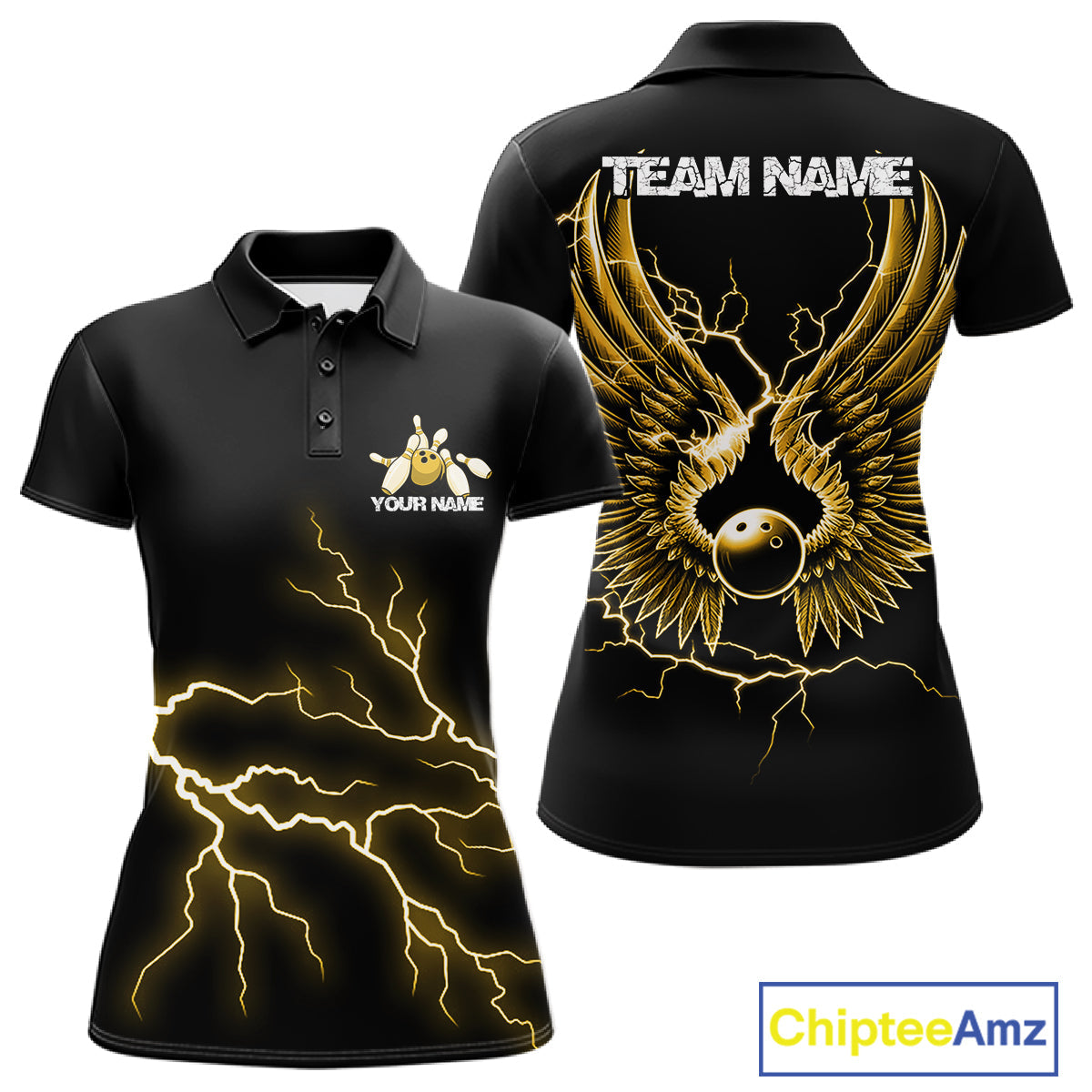 Custom Yellow Lightning Bowling Ball With Wings Bowling Women Team Shirt, Bowling Jerseys IPHW10732